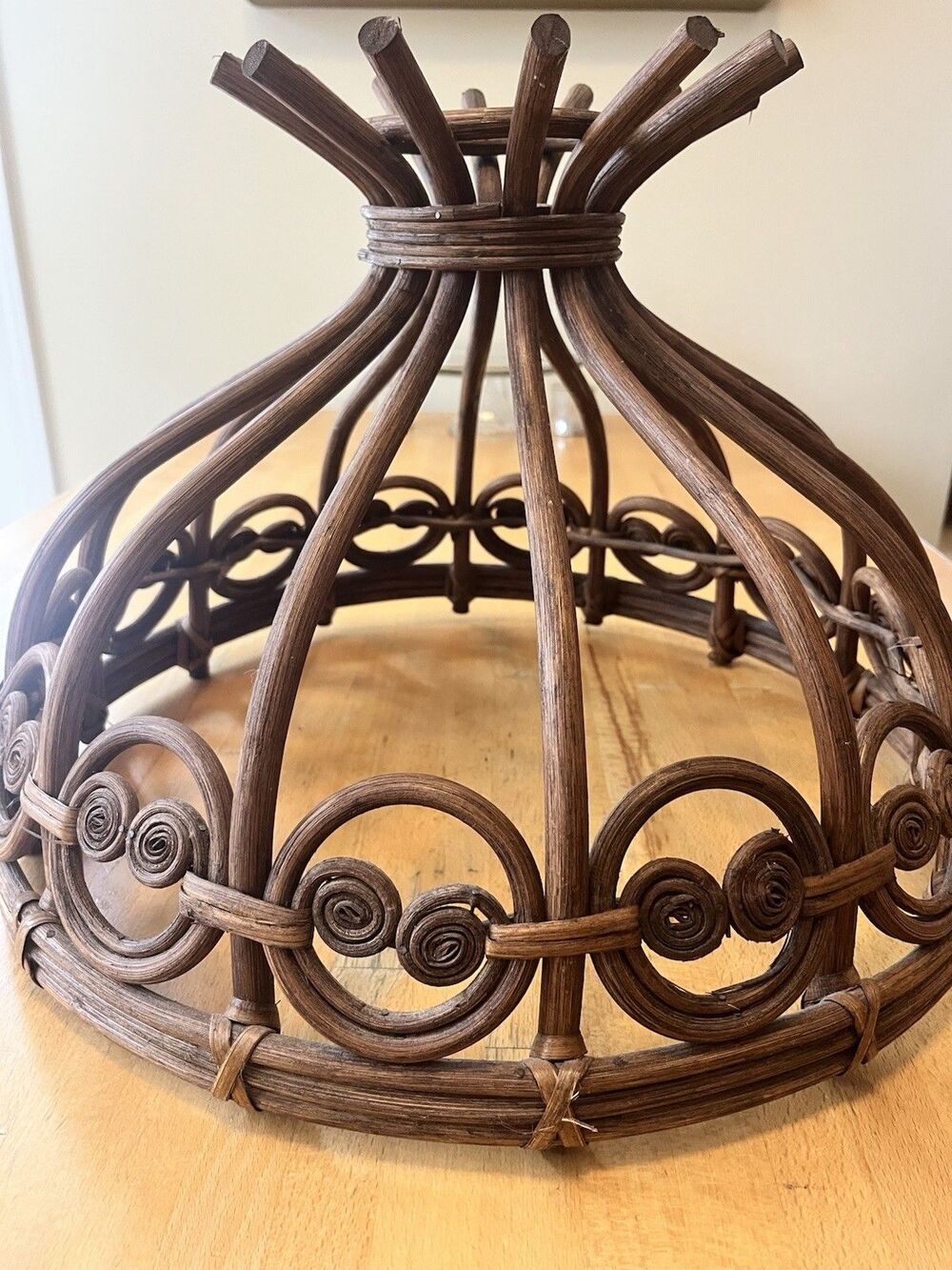 Rare Vintage MCM Bamboo Curled Wicker Pendant Lampshade 1960’s Boho Home Decor - Picture 3 of 8